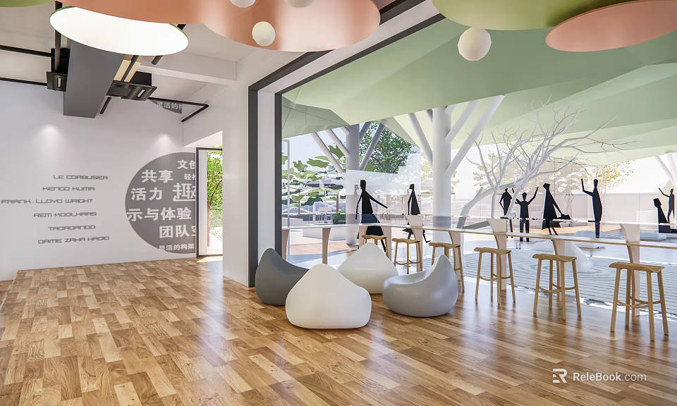 Bright Modern Café Interior With Wooden Flooring Colorful Pendant Lights Bean Bags Round Tables And Trees Outside 3d model 