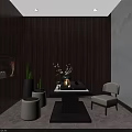 Elegant Clothing Store Interior With Dark Blue Walls Displayed Clothing Accessories Wooden Counter Chandelier And Comfortable Chairs