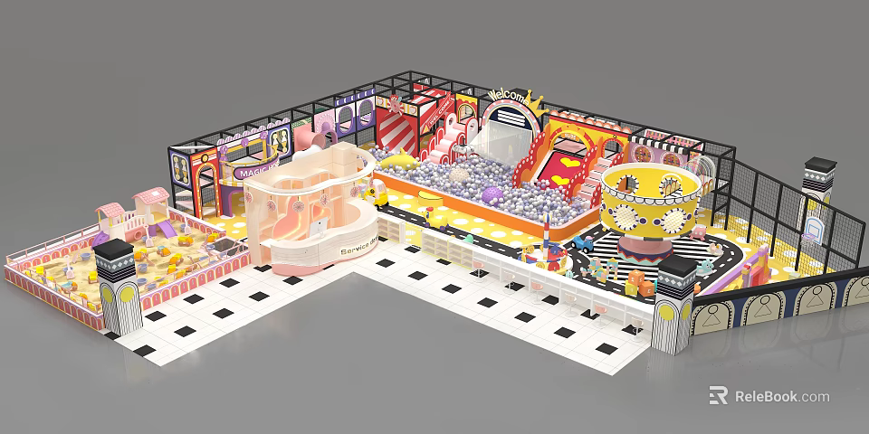 Indoor Playground With Slide Trampoline Area Teacup Ride And Colorful Decorations 3d model 