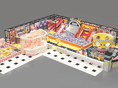 Indoor Playground With Slide Trampoline Area Teacup Ride And Colorful Decorations 3d model
