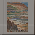 Colorful Traditional Chinese Oil Painting With Layered Mountain Landscape Figures Horses And Sky