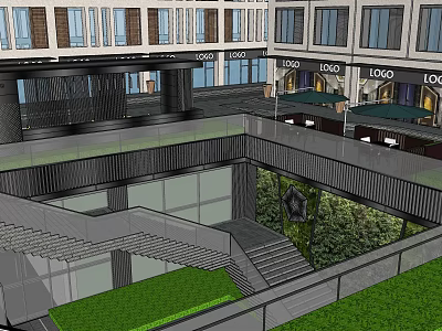 Commercial Landscape Design With Multi Level Structure Green Lawns Stairs And Glass Facades 3d model