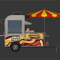 Colorful Hot Dog Cart With Red Yellow Striped Umbrella And Flame Design