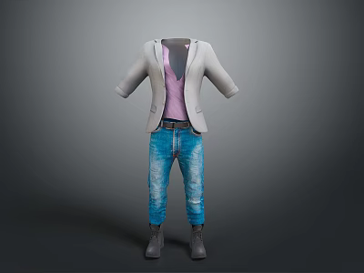 Stylish Outfit Combination Featuring Gray Blazer Pink Top Blue Jeans And Gray Boots 3d model