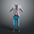 Stylish Outfit Combination Featuring Gray Blazer Pink Top Blue Jeans And Gray Boots