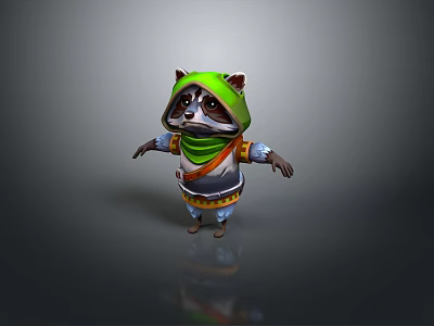 Cute Raccoon Character Wearing Green Hoodie And Scarf In Standing Pose 3d model