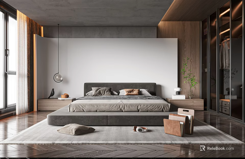Modern Bedroom Interior Design With Platform Bed Gray Rug Pendant Light And Wooden Nightstands 3d model 