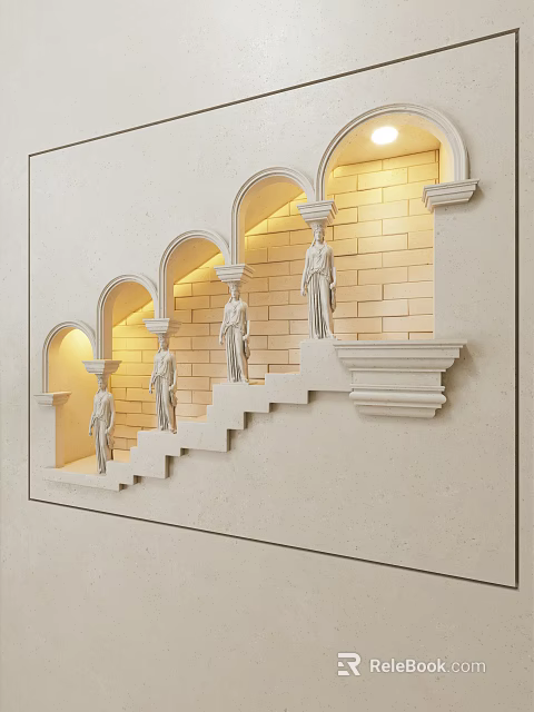 Elegant Wall Sconces Illuminating Staircase With Statues Arch Design And Brick Wall 3d model 