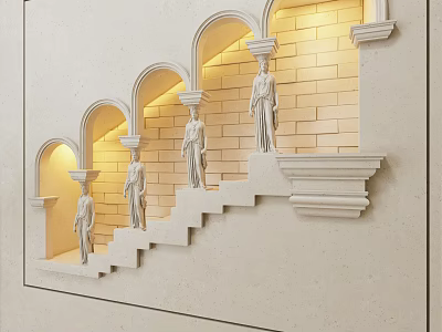 Elegant Wall Sconces Illuminating Staircase With Statues Arch Design And Brick Wall 3d model