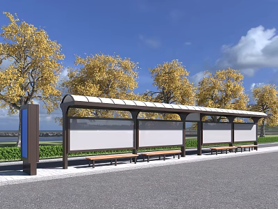 Outdoor Bus Station Shelter With Wooden Benches White Billboards And Yellow Trees Under Blue Sky 3d model