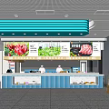 Modern Restaurant Interior With Digital Menu Fresh Ingredients Blue Counter And Staff In White Uniforms