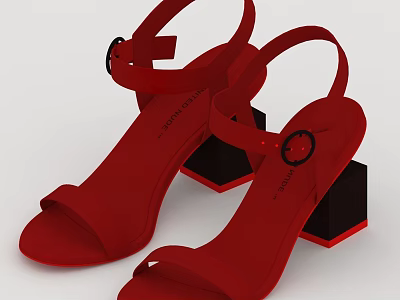 Red Block Heel Sandals With Black Heels And Buckle Design 3d model