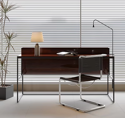 Modern Dark Wood Desk With Table Lamp Black Chair And Potted Plant By Window Blinds 3d model