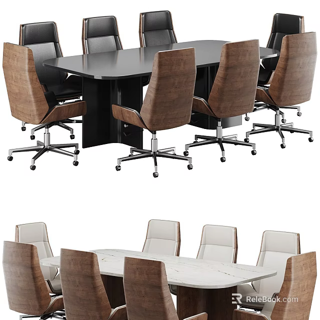 Black and White Conference Tables With Brown and White Swivel Office Chairs 3d model 