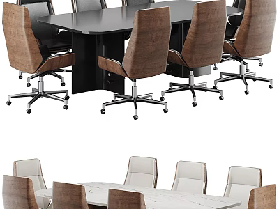 Black and White Conference Tables With Brown and White Swivel Office Chairs 3d model