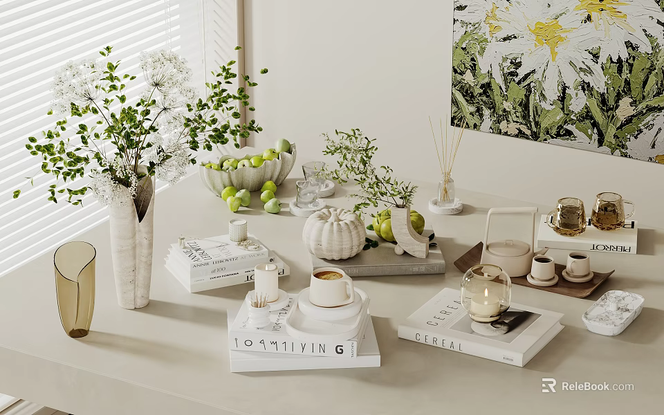 Stylish Decorative Ornament Set With Green Plants White Flowers Fruits Books And Aromatherapy Candles 3d model 