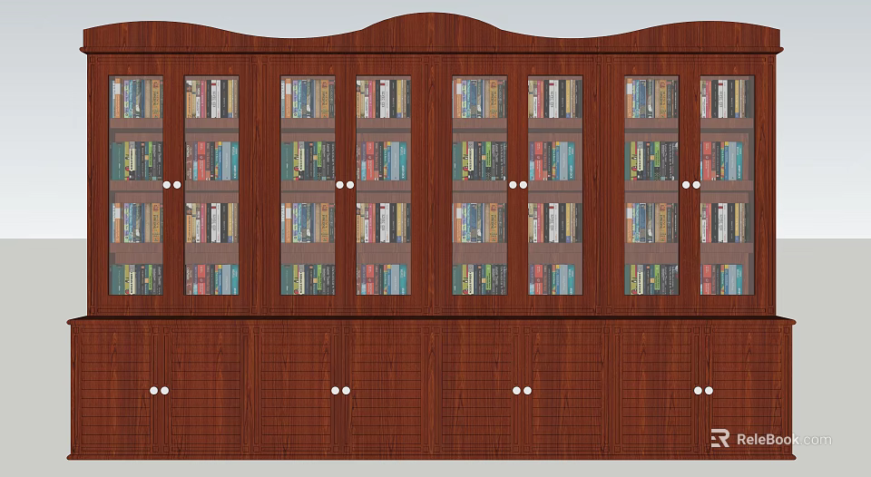 Classic Wooden Bookcase with Glass Doors Filled with Books and Lower Cabinets in Elegant Design 3d model 