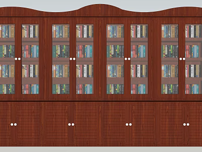 Classic Wooden Bookcase with Glass Doors Filled with Books and Lower Cabinets in Elegant Design 3d model