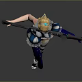 Game Movie Character in Blue White Mechanical Outfit With Crown Holding Black Hoop Standing Elegantly