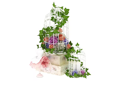 Elegant Decorative Ornament Set With White Birdcages Colorful Flowers Green Ivy Vines And Patterned Base 3d model