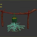 Natural Wooden Log Structure with Hanging Cooking Pot Over Burning Fire Pit