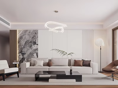 Modern Living Room With Sofa Brown Pillows Black Coffee Table Marble Wall Circular Pendant Light 3d model