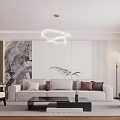 Modern Living Room With Sofa Brown Pillows Black Coffee Table Marble Wall Circular Pendant Light