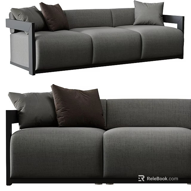 Modern Gray Three-Seater Fabric Sofa With Brown Pillows For Living Room 3d model 