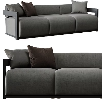 Modern Gray Three-Seater Fabric Sofa With Brown Pillows For Living Room 3d model