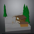 Snowy Mountain Scene With Wooden Cabin Green Pine Trees And Ski Slope