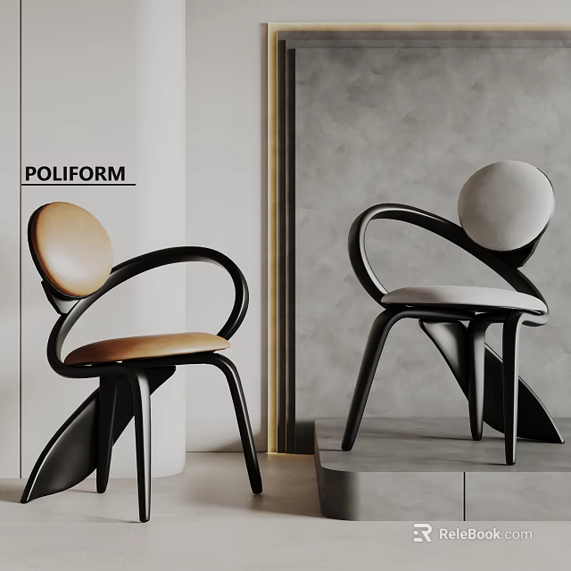 Modern Leisure Chair Design With Curved Black Frame And Brown Gray Leather Cushions 3d model 