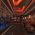 Modern Shop Front Desk With Unique Ceiling Design Orange Seats And Decorative Lighting