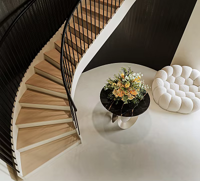 Spiral Staircase With Wooden Steps Black Railings White Stool And Round Table Flower Bouquet 3d model