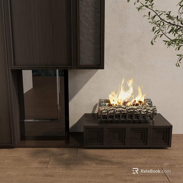 Modern Fireplace With Burning Fire Dark Wooden Base And Light Colored Wall Wooden Cabinets 3d model 