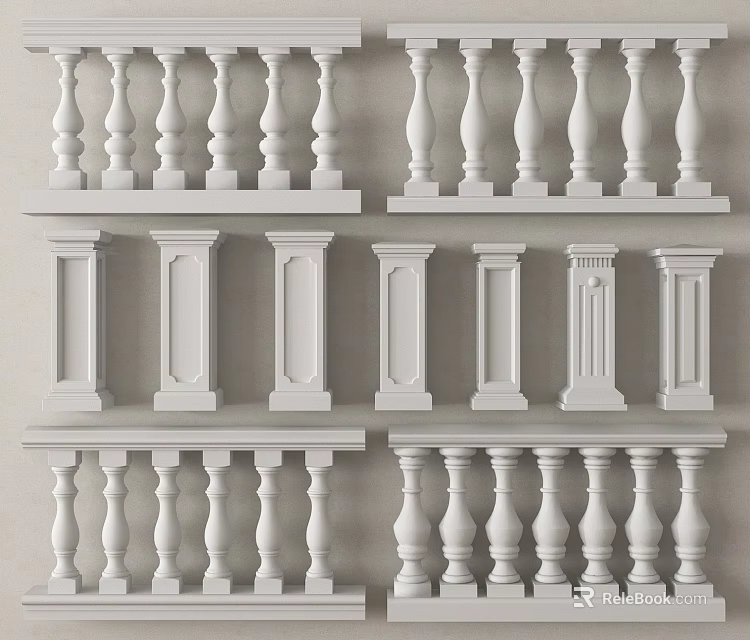 White Decorative Railings Featuring Various Baluster Designs And Architectural Post Styles 3d model