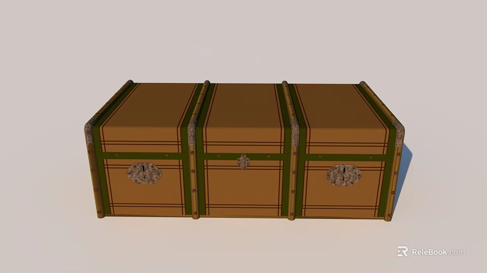 Vintage Brown Storage Trunk With Green Straps And Metal Buckles 3d model 
