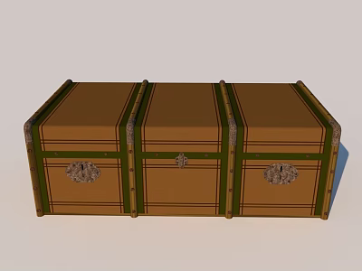 Vintage Brown Storage Trunk With Green Straps And Metal Buckles 3d model