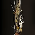 Traditional Decorative Spear With Golden Accents Intricate Patterns On Spearhead And Shaft Against Black Background