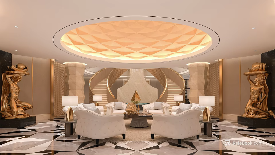 Luxurious Reception Room Interior With Round Crystal Chandelier White Sofas And Geometric Carpet 3d model 