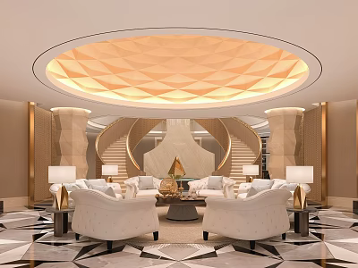 Luxurious Reception Room Interior With Round Crystal Chandelier White Sofas And Geometric Carpet 3d model