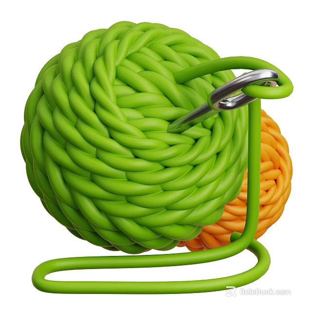 Decorative Ornament Set With Green Yarn Ball Orange Yarn Ball And Metal Crochet Hook 3d model 