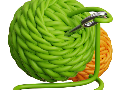 Decorative Ornament Set With Green Yarn Ball Orange Yarn Ball And Metal Crochet Hook 3d model