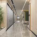 Modern Office Corridor Interior Design With Green Walls Beige Sofa Marble Floor And Blinds