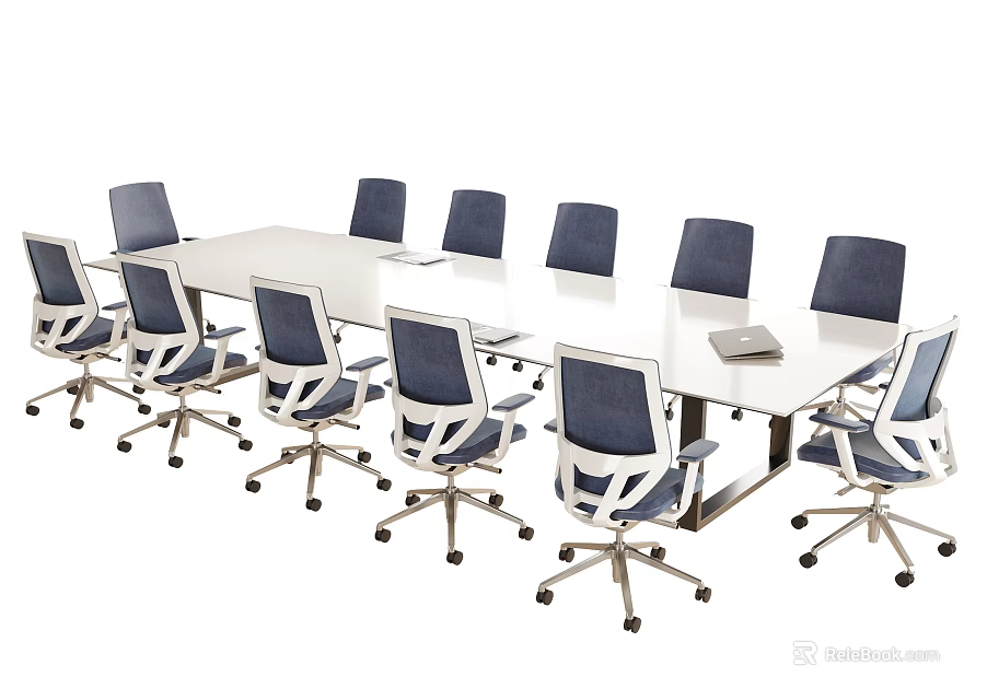 Modern Office Conference Table With Blue Wheeled Chairs And Laptop On Surface 3d model