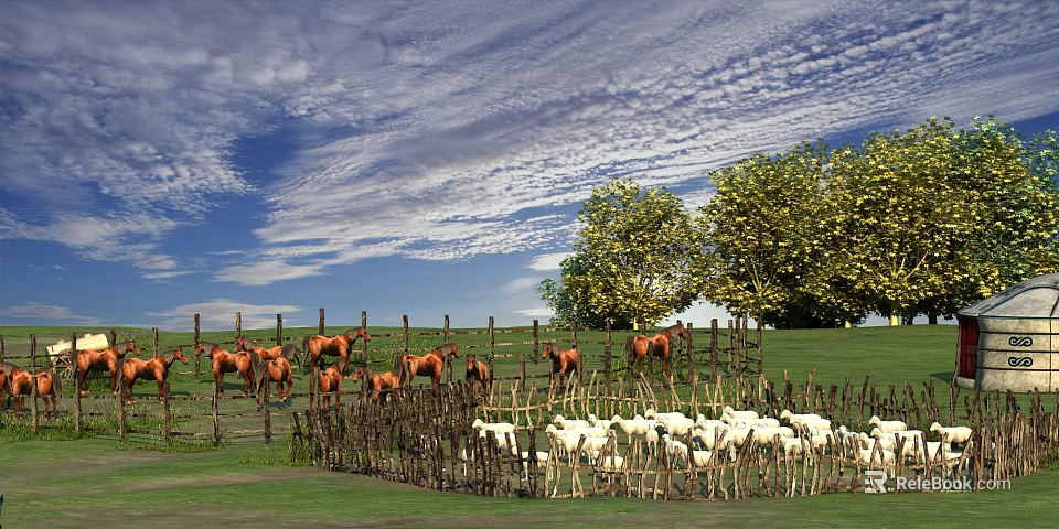 Beautiful Rural Scenery With Blue Sky Clouds Green Grass Horses Sheep And Trees By Fence 3d model 