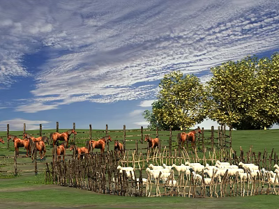 Beautiful Rural Scenery With Blue Sky Clouds Green Grass Horses Sheep And Trees By Fence 3d model