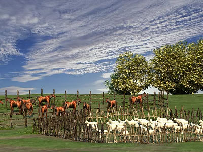 Beautiful Rural Scenery With Blue Sky Clouds Green Grass Horses Sheep And Trees By Fence 3d model