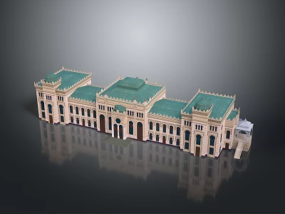 Classical School Building With Green Roof Cream Colored Walls And Arched Windows 3d model