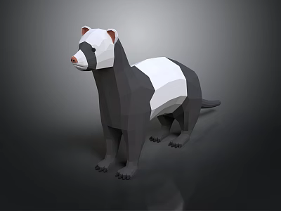 Low Poly 3D Animal Character With Black And White Fur Standing On Dark Surface 3d model