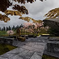 Traditional Village Scenery With Terraced Fields Cherry Blossom Trees And Forest Background